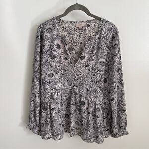 Loft Outlet Blue and Black Floral Patterned Blouse Size M